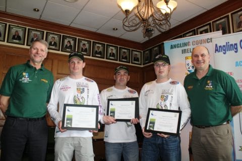 Mark Theedom (l) and Jack Tindall (r) present Stephen Powell, Colin Rutherford and Lindsey McFadden Who represented Ireland at the World Boat Fishing With Lures 2013 Event in France